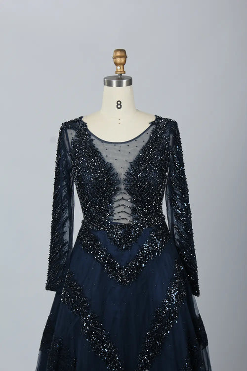 Black Deep V-Neck Beaded Long Sleeves  A-Line Mother of the Bride Dress MK066