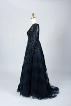 Black Deep V-Neck Beaded Long Sleeves  A-Line Mother of the Bride Dress MK066