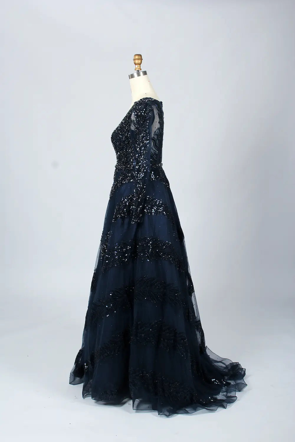 Black Deep V-Neck Beaded Long Sleeves  A-Line Mother of the Bride Dress MK066