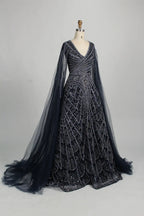 Beaded Geometric A Line Mother of the Bride Dress with Cape Sleeves MC133