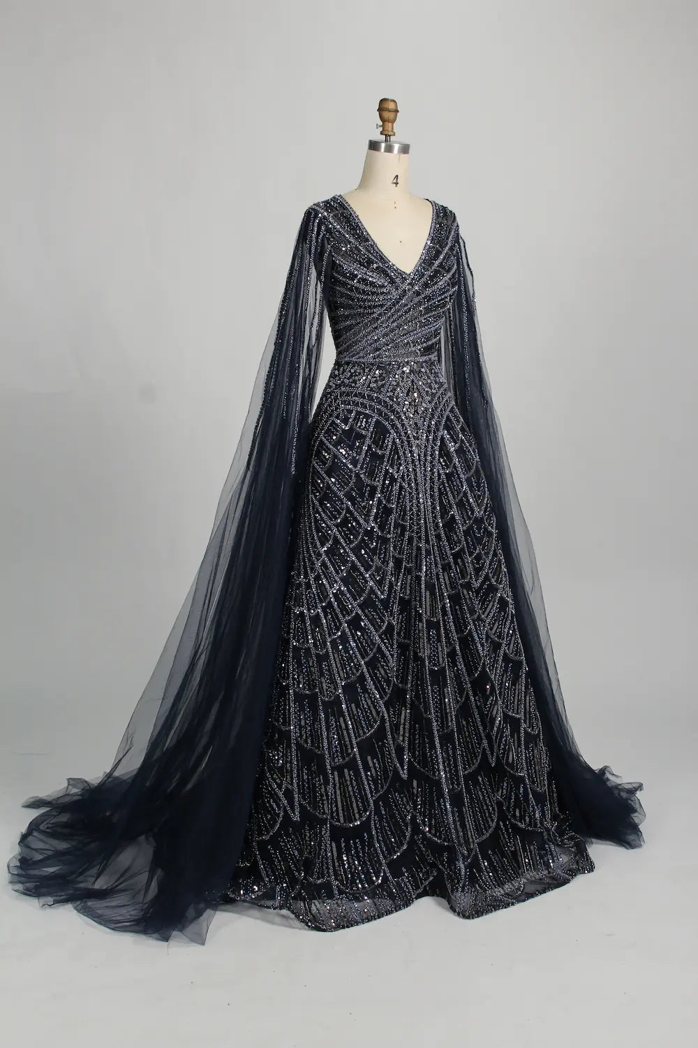 Beaded Geometric A Line Mother of the Bride Dress with Cape Sleeves MC133