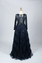Black Deep V-Neck Beaded Long Sleeves  A-Line Mother of the Bride Dress MK066