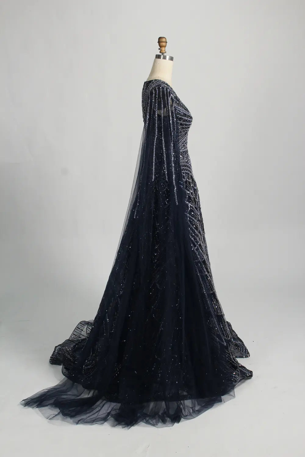 Beaded Geometric A Line Mother of the Bride Dress with Cape Sleeves MC133