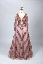 Black Deep V-Neck Beaded Long Sleeves  A-Line Mother of the Bride Dress MK066