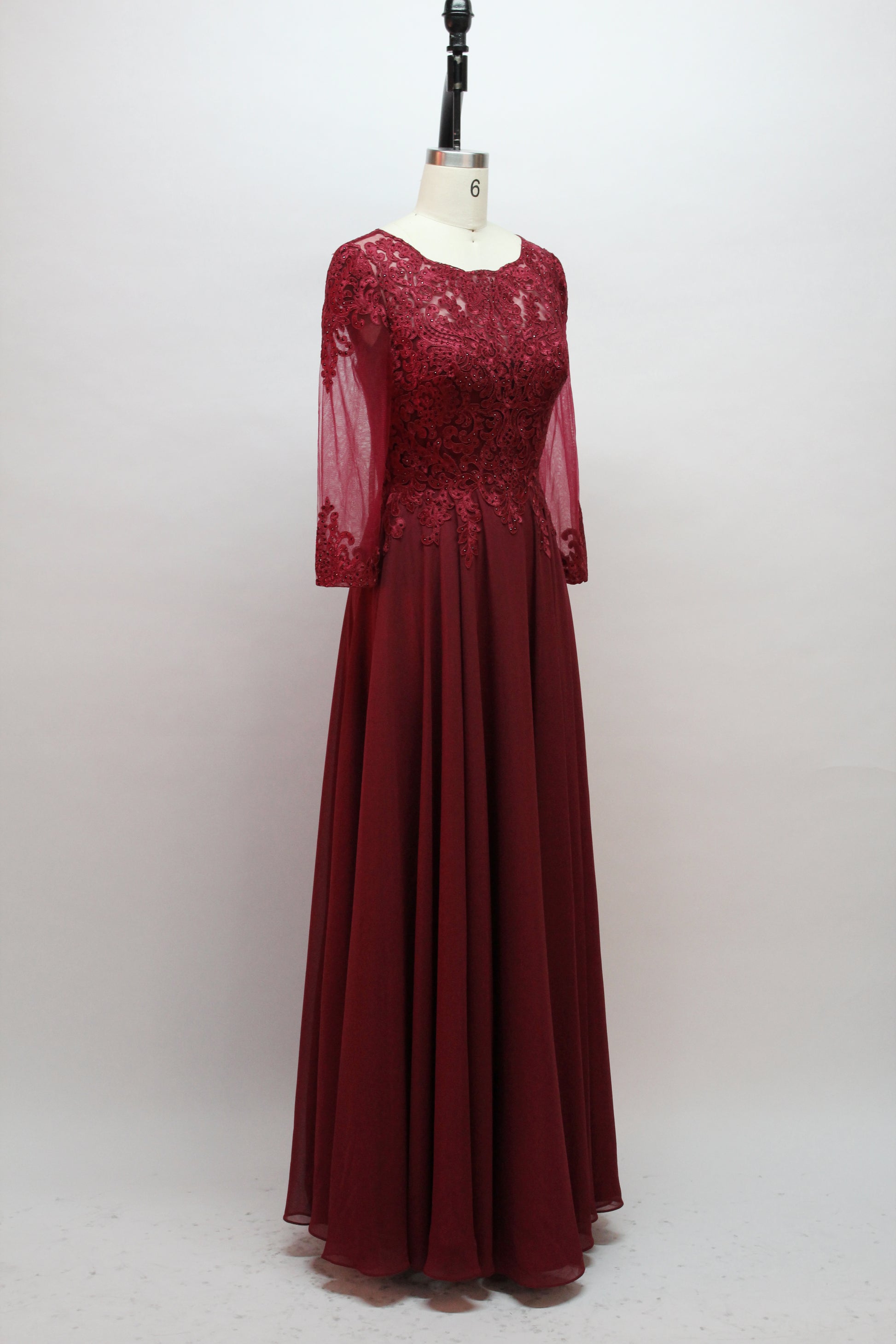 Wholesale Burgundy Lace Long-Sleeve Mother Dress 32455