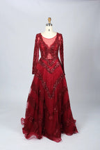 Black Deep V-Neck Beaded Long Sleeves  A-Line Mother of the Bride Dress MK066