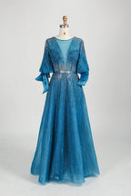 Beaded Black A Line Mother of the Bride Dress with Long Sleeves MC123
