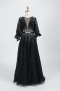 Beaded Black A Line Mother of the Bride Dress with Long Sleeves MC123