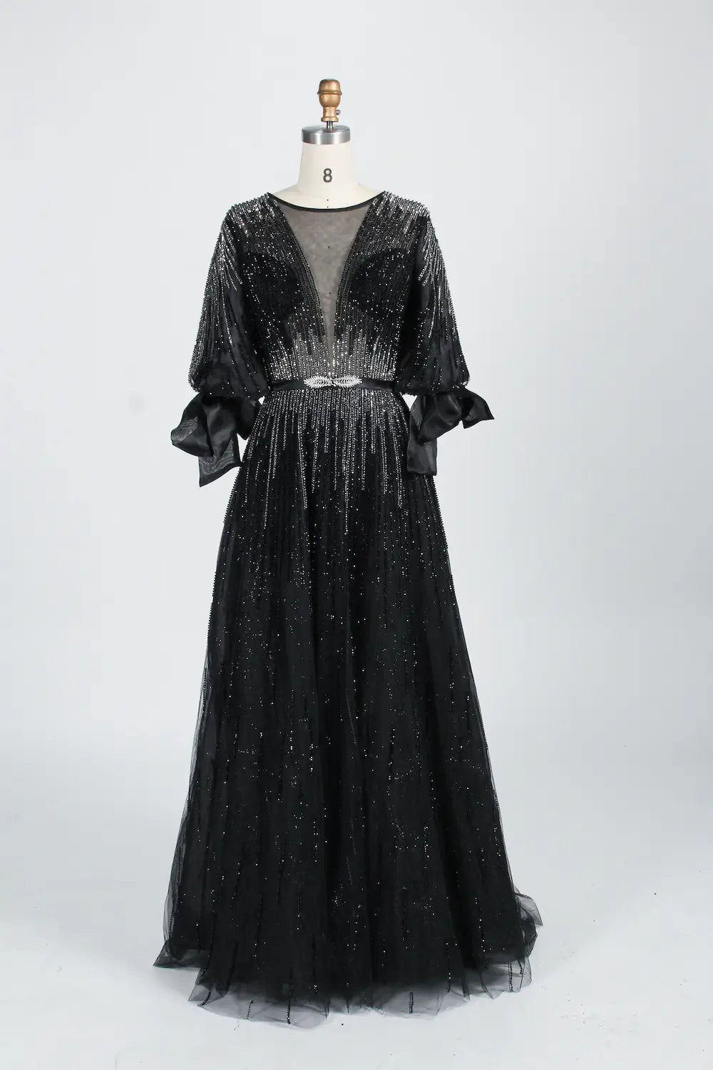 Beaded Black A Line Mother of the Bride Dress with Long Sleeves MC123
