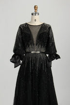 Beaded Black A Line Mother of the Bride Dress with Long Sleeves MC123