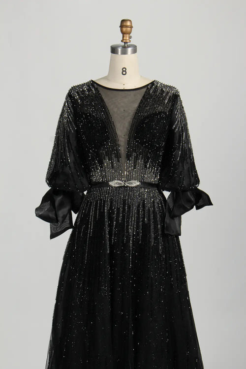 Beaded Black A Line Mother of the Bride Dress with Long Sleeves MC123