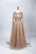 Gold-toned beaded boat-neck A-line dress with long sleeves