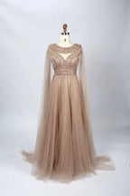 Gold-toned beaded boat-neck A-line dress with long sleeves