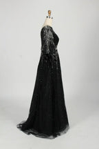 Beaded Black A Line Mother of the Bride Dress with Long Sleeves MC123