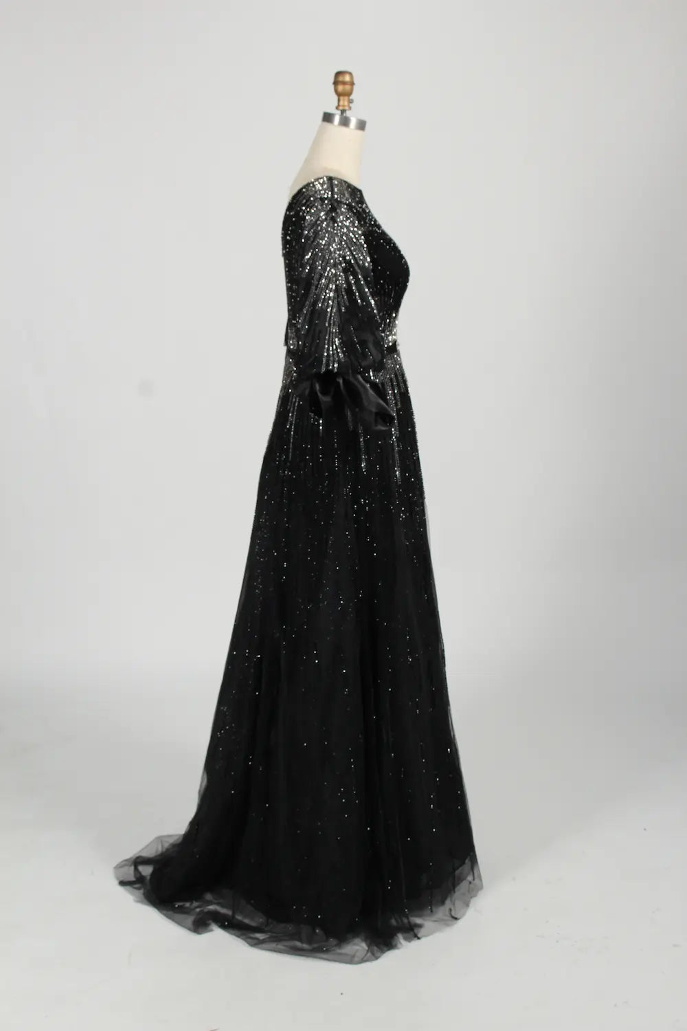 Beaded Black A Line Mother of the Bride Dress with Long Sleeves MC123