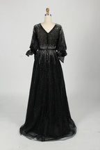 Beaded Black A Line Mother of the Bride Dress with Long Sleeves MC123