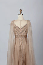 Gold-toned beaded boat-neck A-line dress with beaded long-sleeve bodice