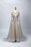 V-Neck Embellished A-Line Mother of the Bride Dress with Sheer Sleeves MC054