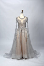 V-Neck Embellished A-Line Mother of the Bride Dress with Sheer Sleeves MC054
