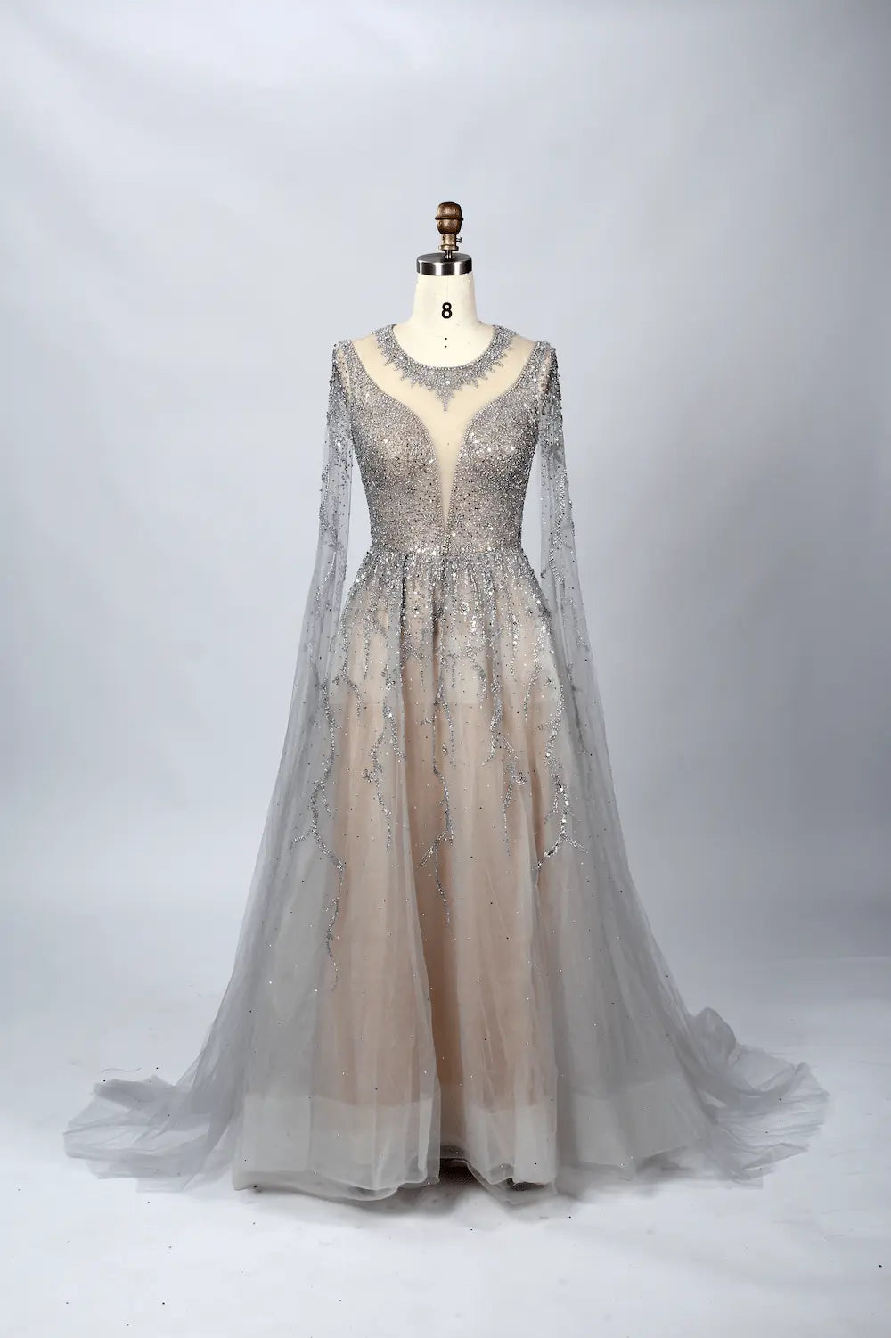 V-Neck Embellished A-Line Mother of the Bride Dress with Sheer Sleeves MC054