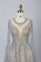 V-Neck Embellished A-Line Mother of the Bride Dress with Sheer Sleeves MC054