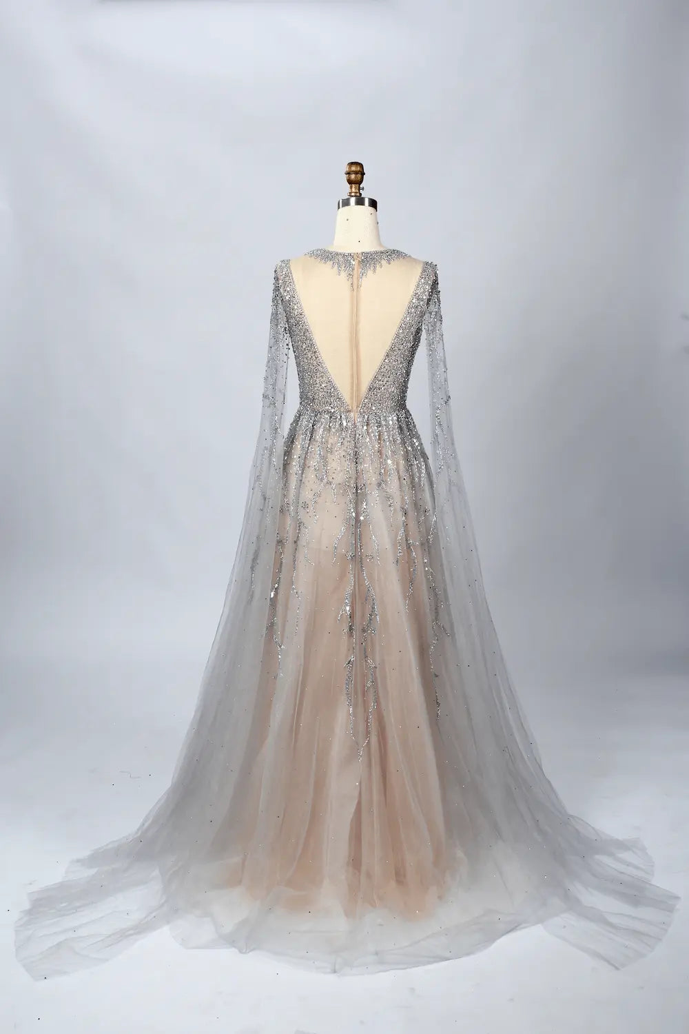 V-Neck Embellished A-Line Mother of the Bride Dress with Sheer Sleeves MC054