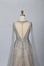 V-Neck Embellished A-Line Mother of the Bride Dress with Sheer Sleeves MC054