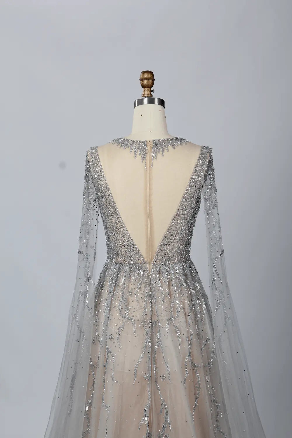 V-Neck Embellished A-Line Mother of the Bride Dress with Sheer Sleeves MC054
