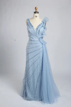 Light blue beaded V-neck long dress with lace cascade shoulder detail