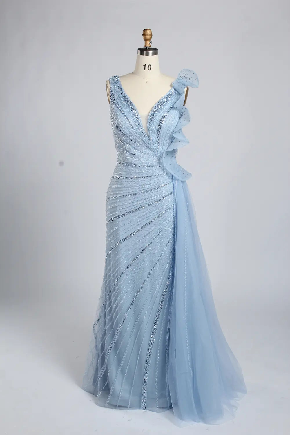 Light blue beaded V-neck long dress with lace cascade shoulder detail
