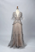 Taupe Beaded A-Line Mother of the Bride Dress with Feathered Sleeves MC056