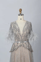 Taupe Beaded A-Line Mother of the Bride Dress with Feathered Sleeves MC056