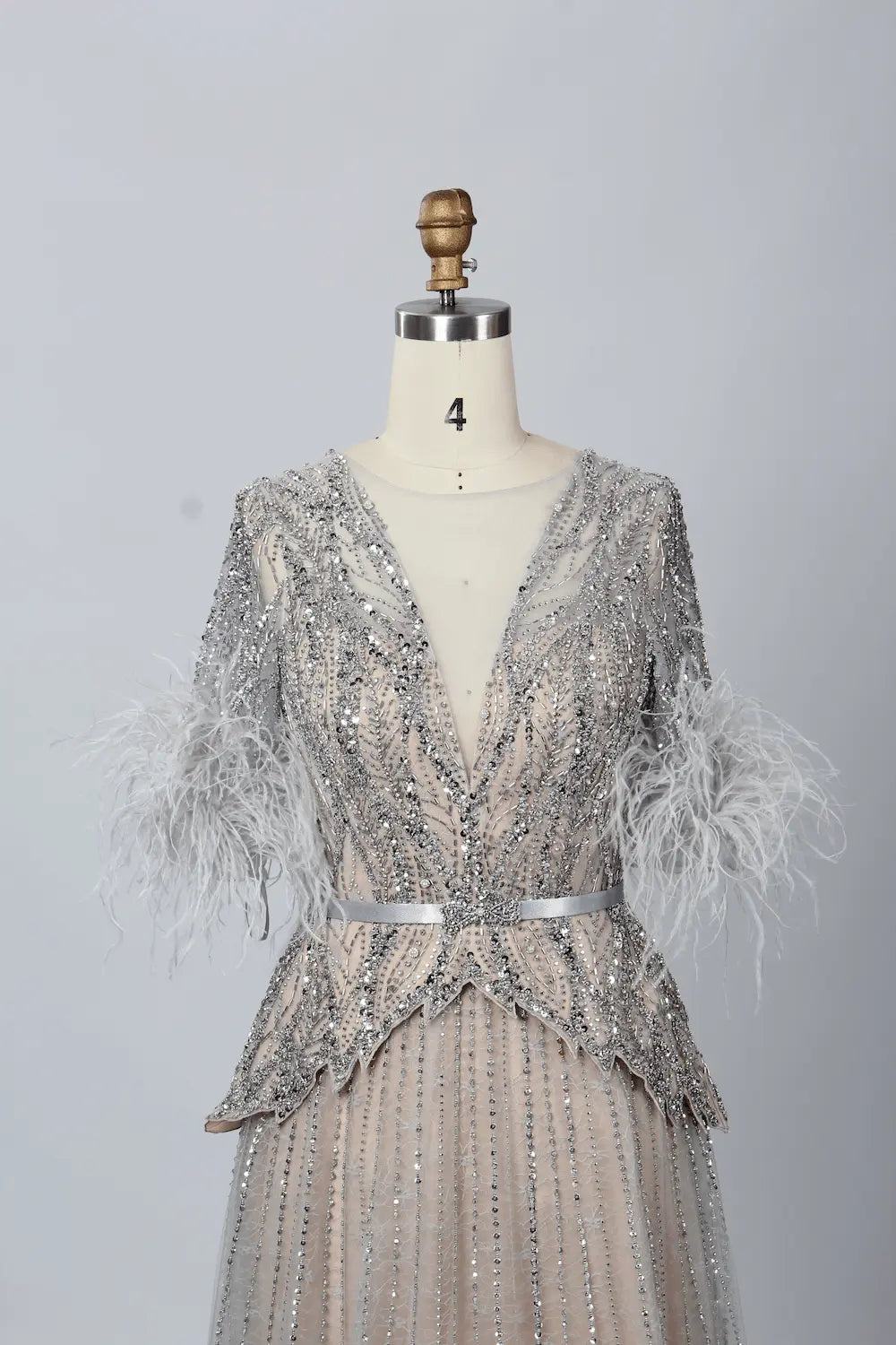 Taupe Beaded A-Line Mother of the Bride Dress with Feathered Sleeves MC056