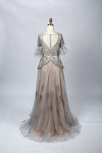 Taupe Beaded A-Line Mother of the Bride Dress with Feathered Sleeves MC056