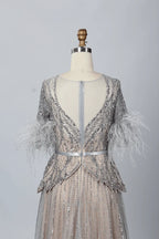 Taupe Beaded A-Line Mother of the Bride Dress with Feathered Sleeves MC056