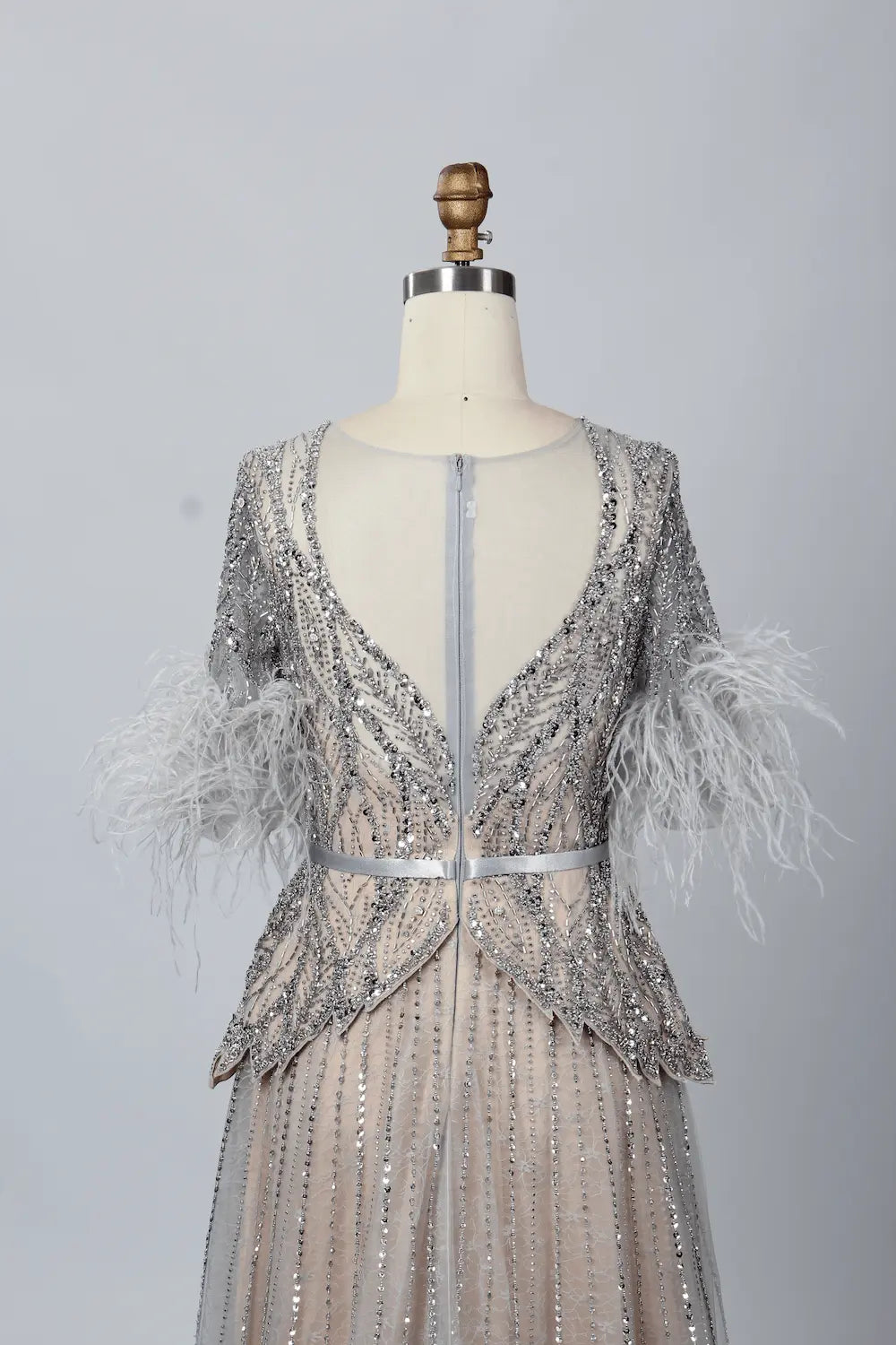 Taupe Beaded A-Line Mother of the Bride Dress with Feathered Sleeves MC056