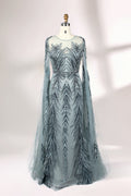 Showcased on a mannequin is a light - teal evening gown. It features a sheer high - neck design, long flowing sleeves, and intricate leaf - pattern embroidery. The gown's elegant and unique design exudes a sense of sophistication and grace, making it an ideal choice for formal events.
1