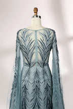 Showcased on a mannequin is a light - teal evening gown. It features a sheer high - neck design, long flowing sleeves, and intricate leaf - pattern embroidery. The gown's elegant and unique design exudes a sense of sophistication and grace, making it an ideal choice for formal events.
6