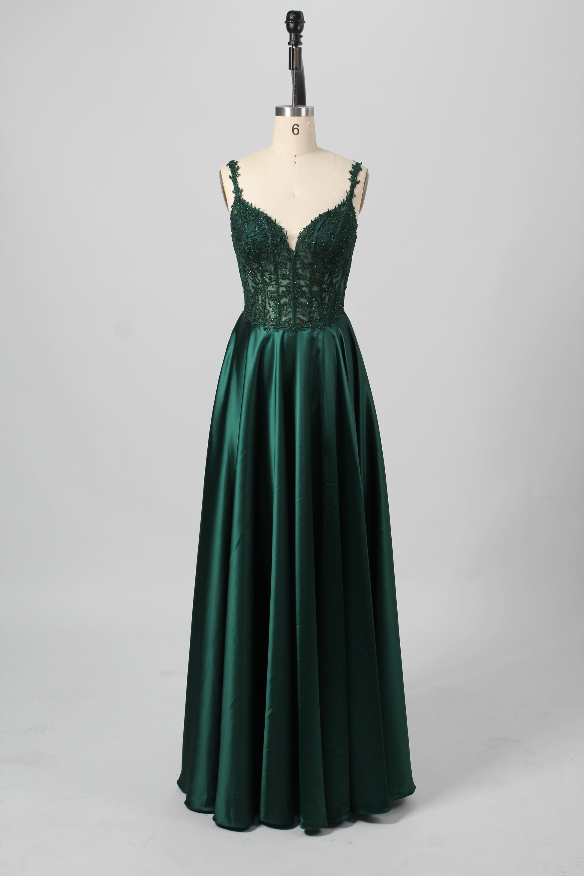 Wholesale Sage Green Lace Prom Dress with Satin Skirt and Slit 32896