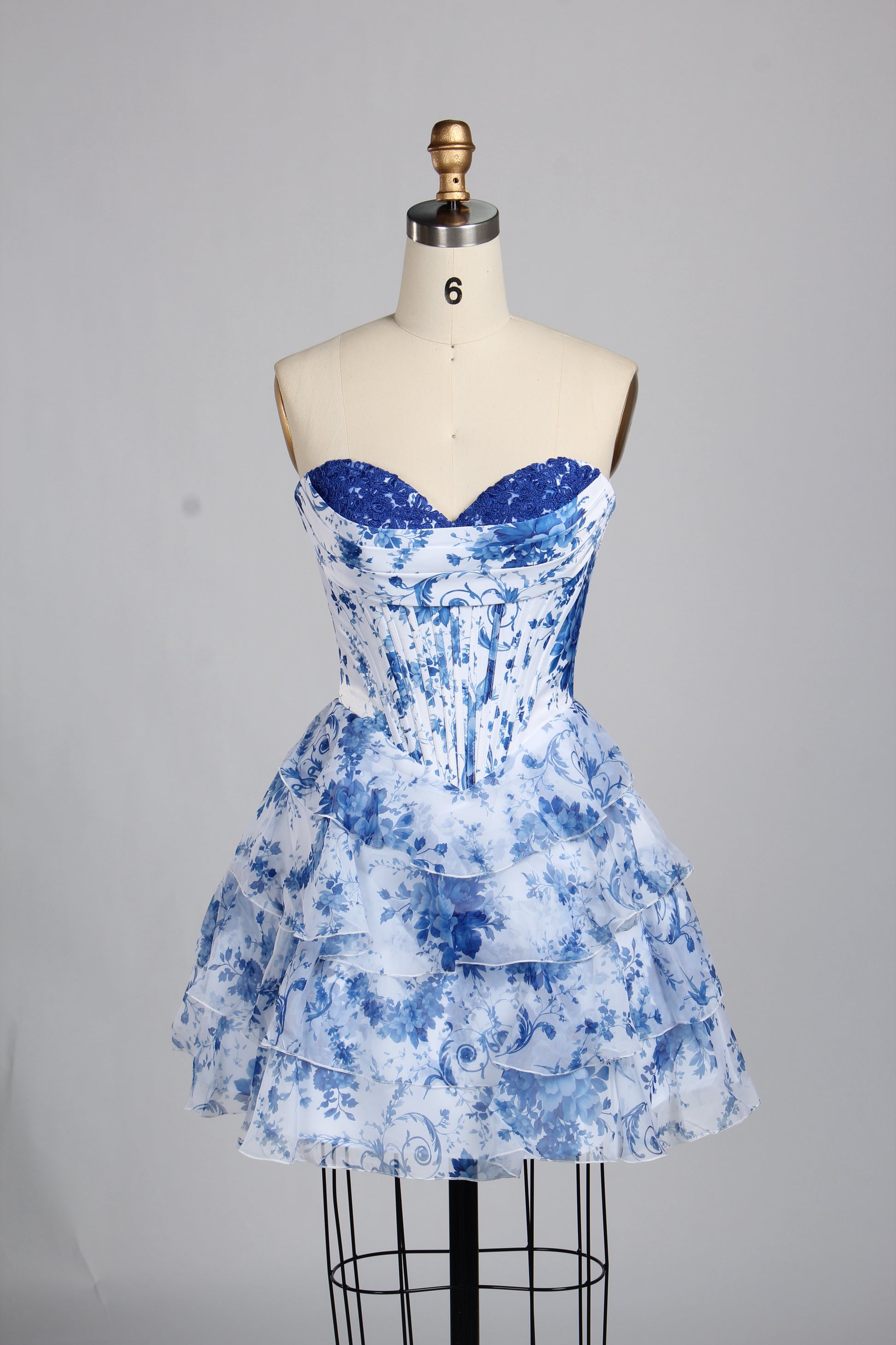 Wholesale Blue-and-White Porcelain Print Strapless Ruffled Homecoming Dress 33223cs