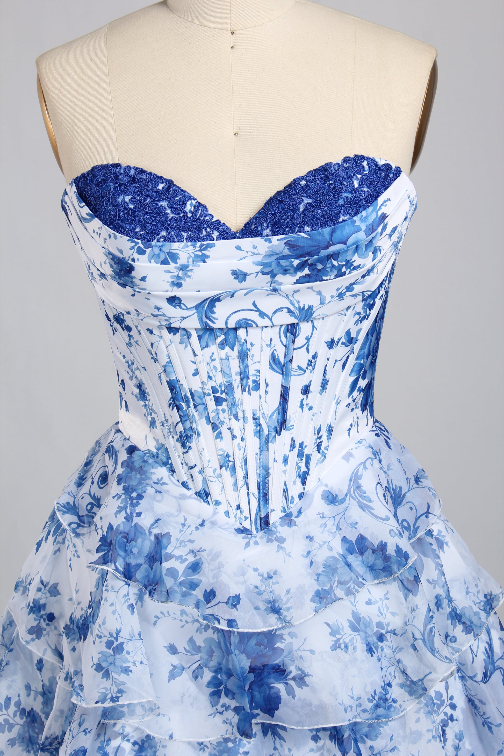 Wholesale Blue-and-White Porcelain Print Strapless Ruffled Homecoming Dress 33223cs