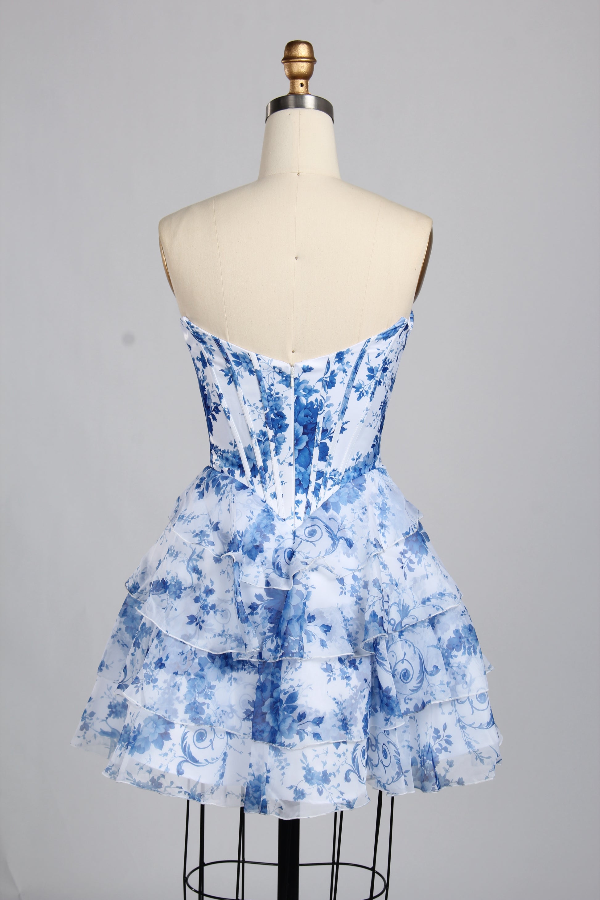 Wholesale Blue-and-White Porcelain Print Strapless Ruffled Homecoming Dress 33223cs