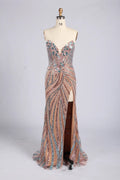 V-Neck Beaded Sequin Evening Dress with High Slit MC176
