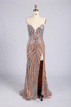 V-Neck Beaded Sequin Evening Dress with High Slit MC176