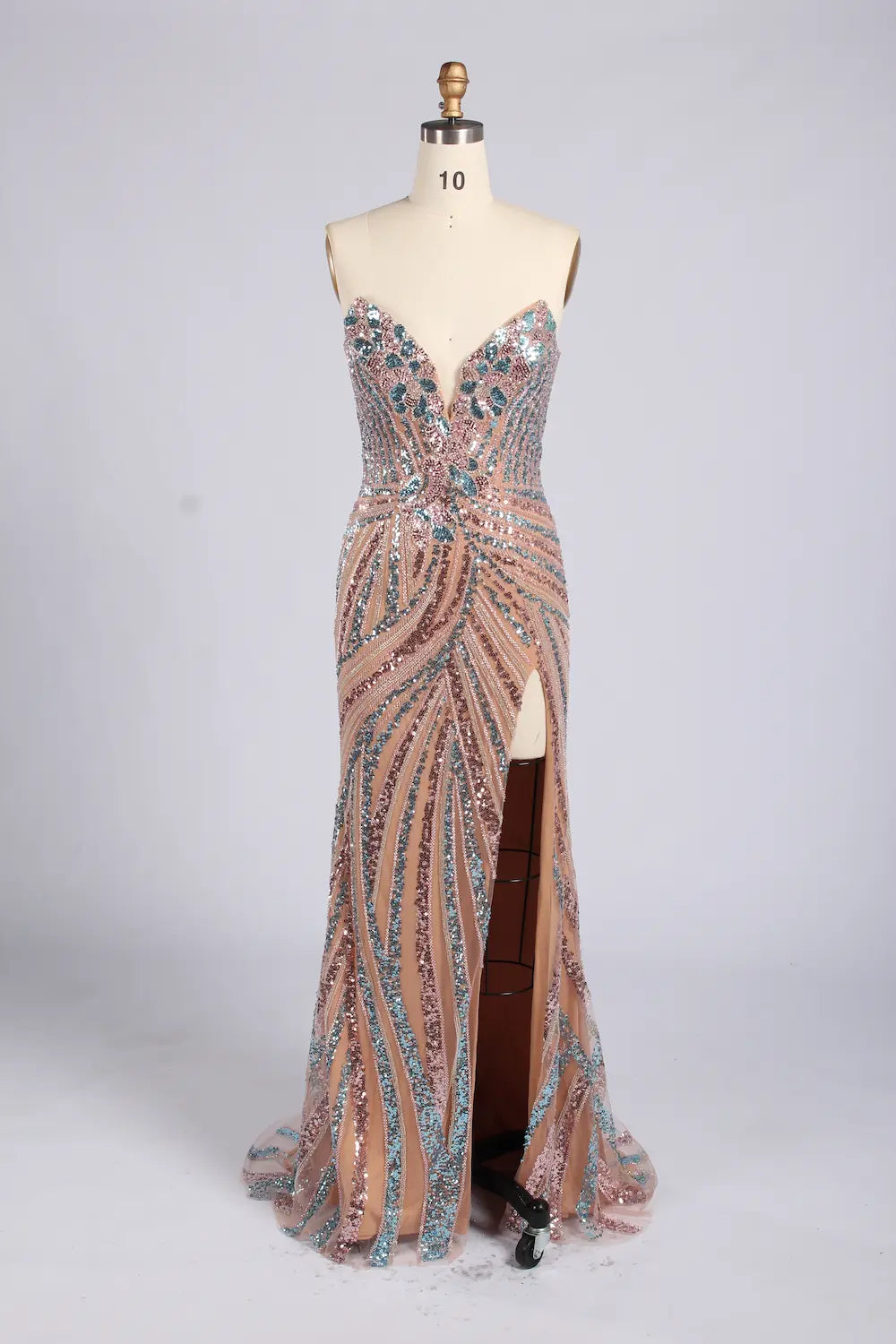 V-Neck Beaded Sequin Evening Dress with High Slit MC176