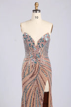 V-Neck Beaded Sequin Evening Dress with High Slit MC176