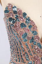 V-Neck Beaded Sequin Evening Dress with High Slit MC176
