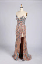 V-Neck Beaded Sequin Evening Dress with High Slit MC176