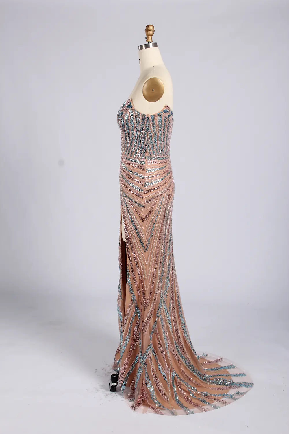 V-Neck Beaded Sequin Evening Dress with High Slit MC176