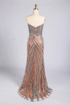 V-Neck Beaded Sequin Evening Dress with High Slit MC176